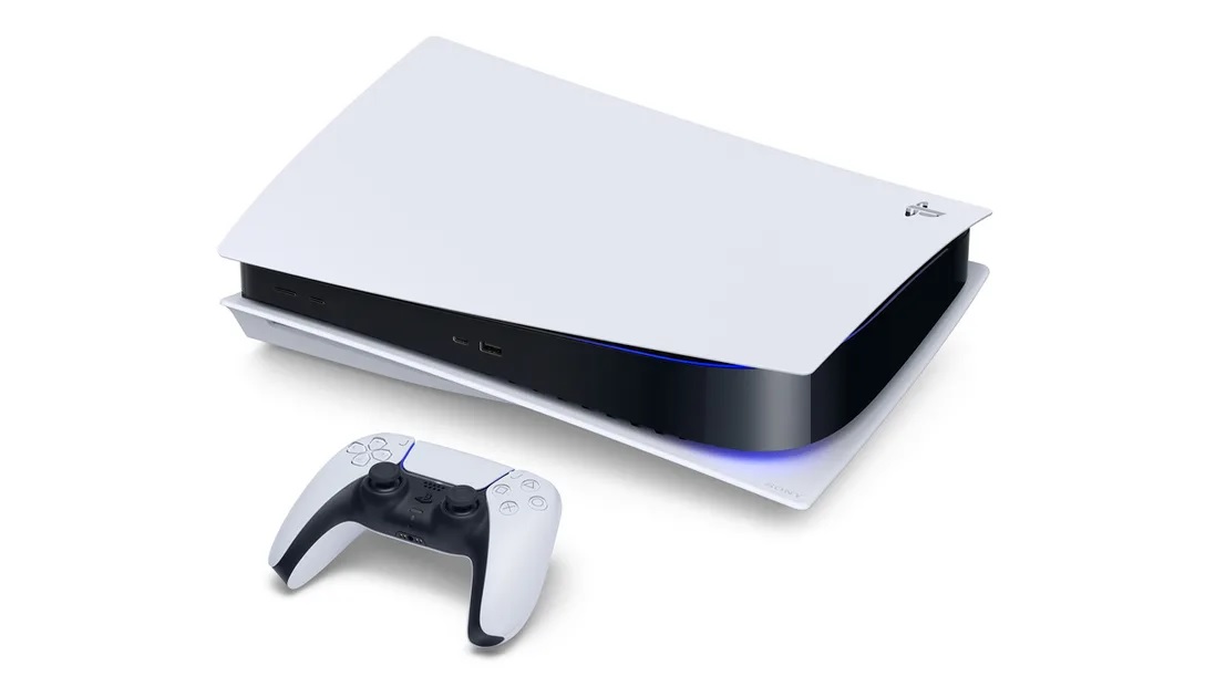 PS5 oriented horizontally with Dualshock controller in front of it.
